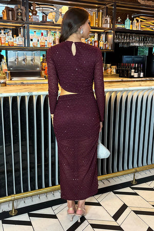 AX PARIS PLUM JACQUARD DIAMANTE LONG SLEEVE CUT OUT MIDI DRESS