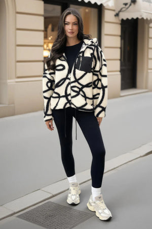 AX PARIS CREAM AND BLACK SWIRL POCKET DETAIL HOODED TEDDY JACKET