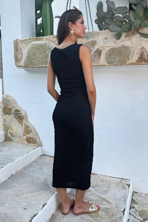 AX PARIS BLACK TEXTURED ASYMMETRIC NECKLINE BODYCON MIDI DRESS