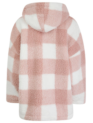PINK AND WHITE CHECK POCKET DETAIL HOODED TEDDY JACKET