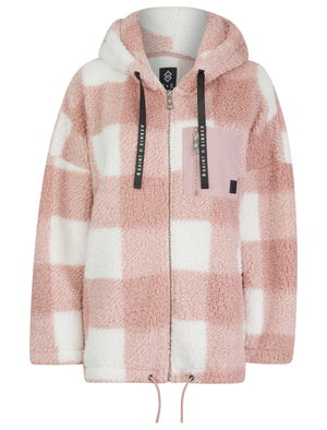 PINK AND WHITE CHECK POCKET DETAIL HOODED TEDDY JACKET