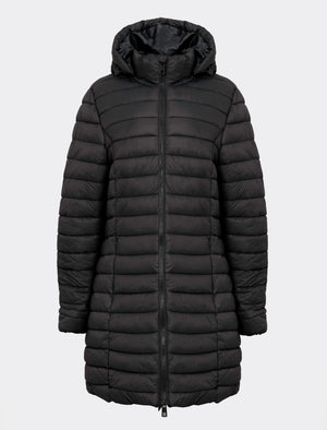 BLACK HOODED LIGHTWEIGHT QUILT PUFFER JACKET