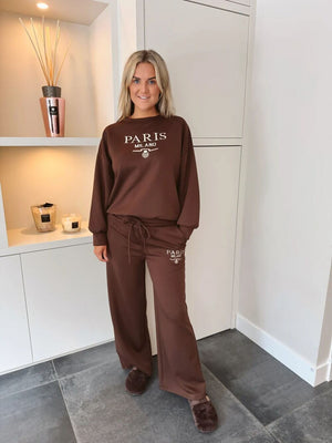 CHOCOLATE EMBROIDERED LOGO WIDE LEG LOUNGE SUIT