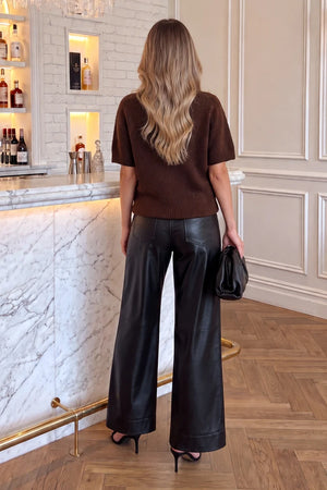 AX PARIS CHOCOLATE EMBELLISHED SHORT SLEEVE BRUSHED KNIT TOP