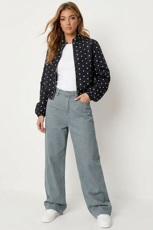 BLACK POLKA DOT BUBBLE HEM ZIP WINDBREAKER JACKET