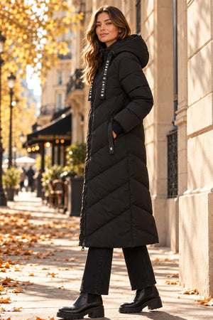 BLACK HOODED PUFFER COAT WITH ZIP FRONT POCKETS