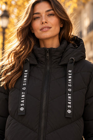 BLACK HOODED PUFFER COAT WITH ZIP FRONT POCKETS