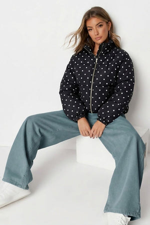 BLACK POLKA DOT BUBBLE HEM ZIP WINDBREAKER JACKET