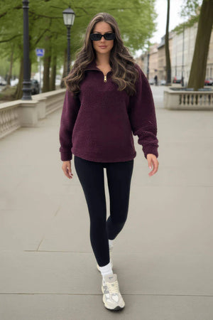 AX PARIS BURGUNDY 1/4 ZIP TEDDY SWEATSHIRT