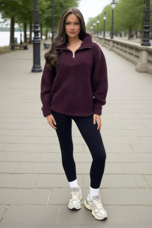 AX PARIS BURGUNDY 1/4 ZIP TEDDY SWEATSHIRT