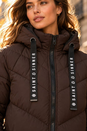 CHOCOLATE HOODED PUFFER COAT WITH ZIP FRONT POCKETS