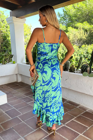AX PARIS GREEN AND BLUE ABSTRACT PRINTED STRAPPY WRAP TOP HIGH LOW FRILL HEM MIDI DRESS
