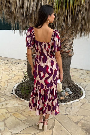 AX PARIS PURPLE AND CREAM ANIMAL PRINT PUFF SLEEVE SMOCK MIDI DRESS