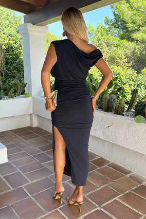AX PARIS NAVY OFF THE SHOULDER DRAPED TOP MIDI DRESS