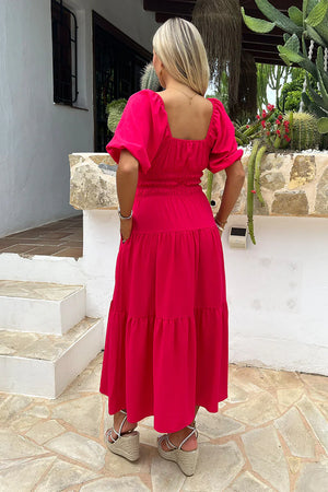 AX PARIS MAGENTA PUFF SLEEVE SHIRRED WAIST SMOCK MIDI DRESS