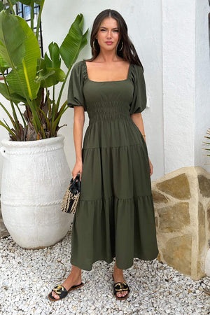 AX PARIS KHAKI PUFF SLEEVE SHIRRED WAIST SMOCK MIDI DRESS