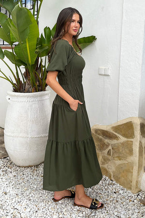 AX PARIS KHAKI PUFF SLEEVE SHIRRED WAIST SMOCK MIDI DRESS