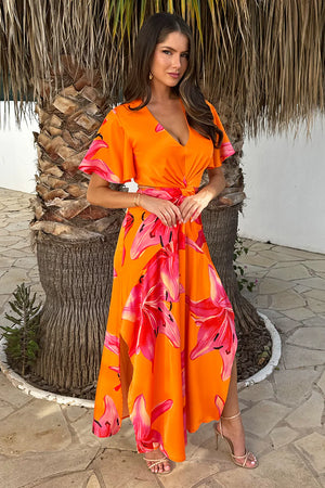 AX PARIS ORANGE AND PINK FLORAL PRINT V NECK CUT OUT KNOT DETAIL MIDI DRESS