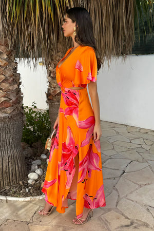 AX PARIS ORANGE AND PINK FLORAL PRINT V NECK CUT OUT KNOT DETAIL MIDI DRESS