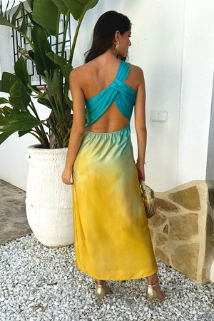 AX PARIS MULTI SUNSET OMBRE ONE SHOULDER OPEN BACK TWIST DETAIL MIDI DRESS