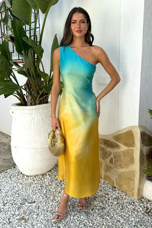 AX PARIS MULTI SUNSET OMBRE ONE SHOULDER OPEN BACK TWIST DETAIL MIDI DRESS