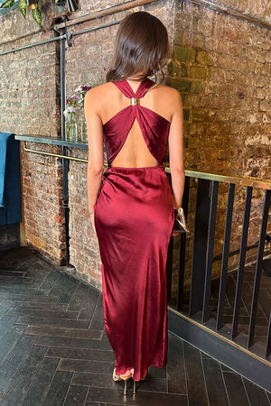 AX PARIS WINE SATIN COWL NECK CROSS BACK MIDI DRESS