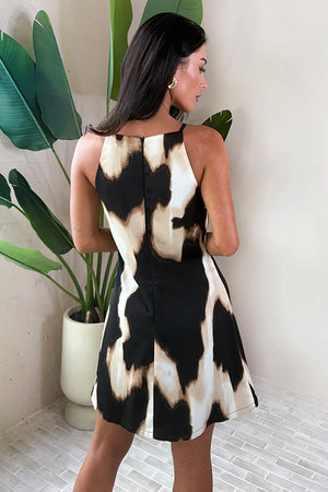 AX PARIS BROWN MARBLE PRINT RACER NECK SLIP MINI DRESS