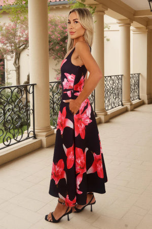 AX PARIS BLACK AND CERISE FLORAL PRINT SQUARE NECK A-LINE MIDI DRESS