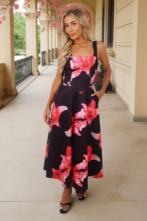 AX PARIS BLACK AND CERISE FLORAL PRINT SQUARE NECK A-LINE MIDI DRESS