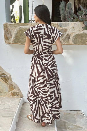 AX PARIS BROWN ANIMAL PRINT BELTED WRAP MIDI DRESS