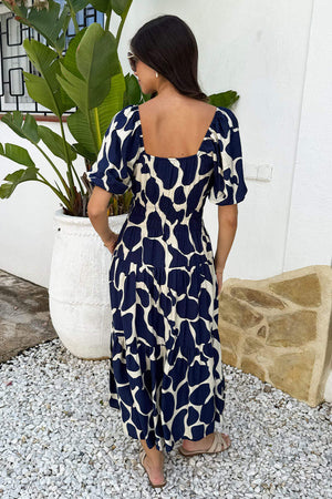 AX PARIS NAVY AND CREAM ABSTRACT PRINT PRINT PUFF SLEEVE SMOCK MIDI DRESS