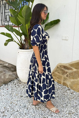 AX PARIS NAVY AND CREAM ABSTRACT PRINT PRINT PUFF SLEEVE SMOCK MIDI DRESS