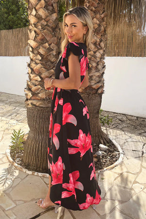 AX PARIS BLACK AND CERISE FLORAL PRINT BELTED WRAP MIDI DRESS