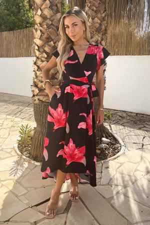 AX PARIS BLACK AND CERISE FLORAL PRINT BELTED WRAP MIDI DRESS