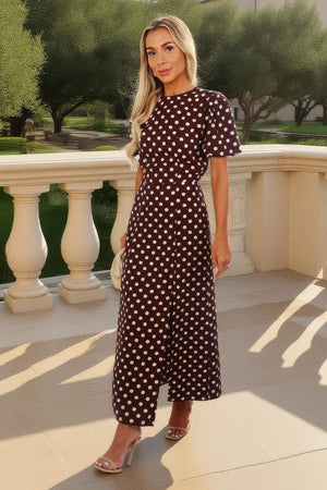 AX PARIS CHOCOLATE POLKA DOT PRINT PUFF SLEEVE MIDI DRESS