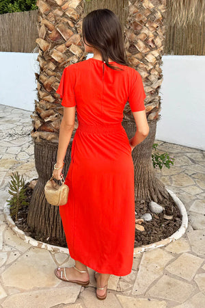 AX PARIS BURNT ORANGE FLUTTER SLEEVE SHIRRED WAIST MIDI DRESS