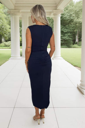 AX PARIS NAVY DRAPED SASH TOP WRAP MIDI DRESS