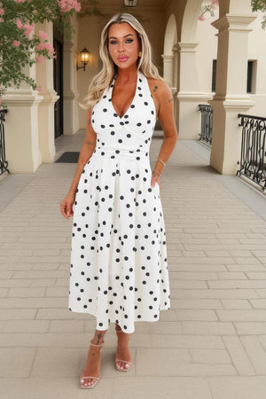 AX PARIS CREAM AND BLACK POLKA DOT TIE HALTER NECK MIDI DRESS