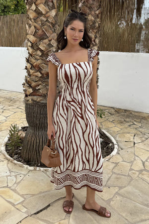 AX PARIS CREAM AND BROWN ABSTRACT PRINT FRILL STRAP MIDI DRESS