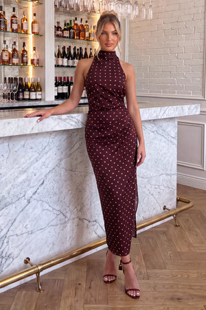 AX PARIS BURGUNDY POLKA DOT SATIN RUCHED MIDI DRESS