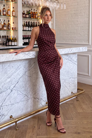 AX PARIS BURGUNDY POLKA DOT SATIN RUCHED MIDI DRESS