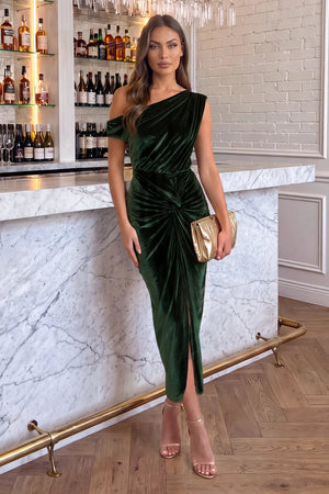 AX PARIS GREEN VELVET OFF THE SHOULDER KNOT SKIRT MIDI DRESS