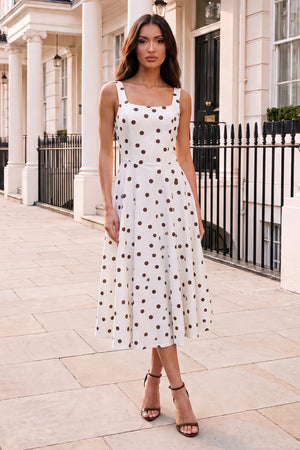 AX PARIS CREAM AND CHOCOLATE POLKA DOT SQUARE NECK A-LINE MIDI DRESS