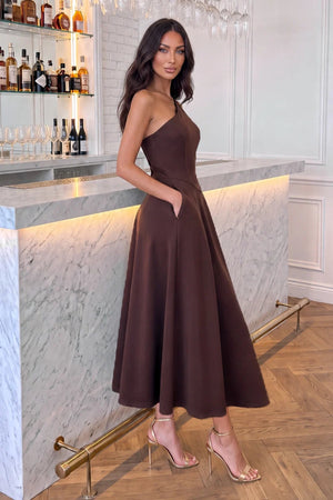 AX PARIS CHOCOLATE ONE SHOULDER A-LINE MIDI DRESS
