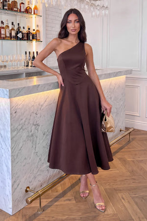 AX PARIS CHOCOLATE ONE SHOULDER A-LINE MIDI DRESS
