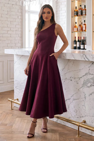 AX PARIS PLUM ONE SHOULDER A-LINE MIDI DRESS