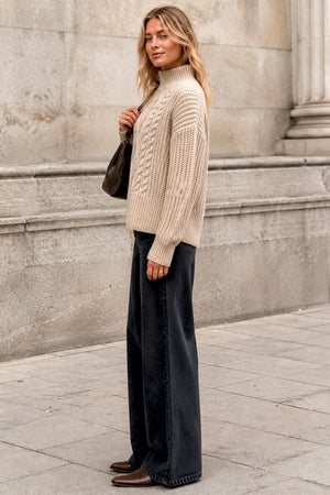 OATMEAL HIGH NECK CABLE KNITTED JUMPER