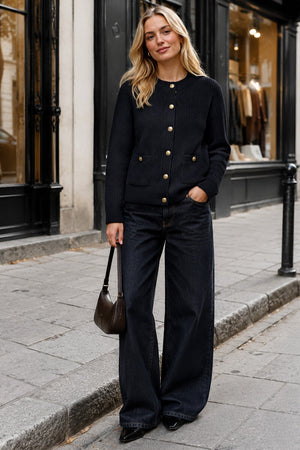 NAVY TWO POCKET BUTTON WAFFLE KNIT CARDIGAN