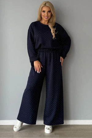 BLACK EMBELLISHED DOT WIDE LEG LOUNGE SUIT