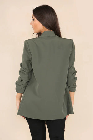 KHAKI RUCHED SLEEVE BLAZER